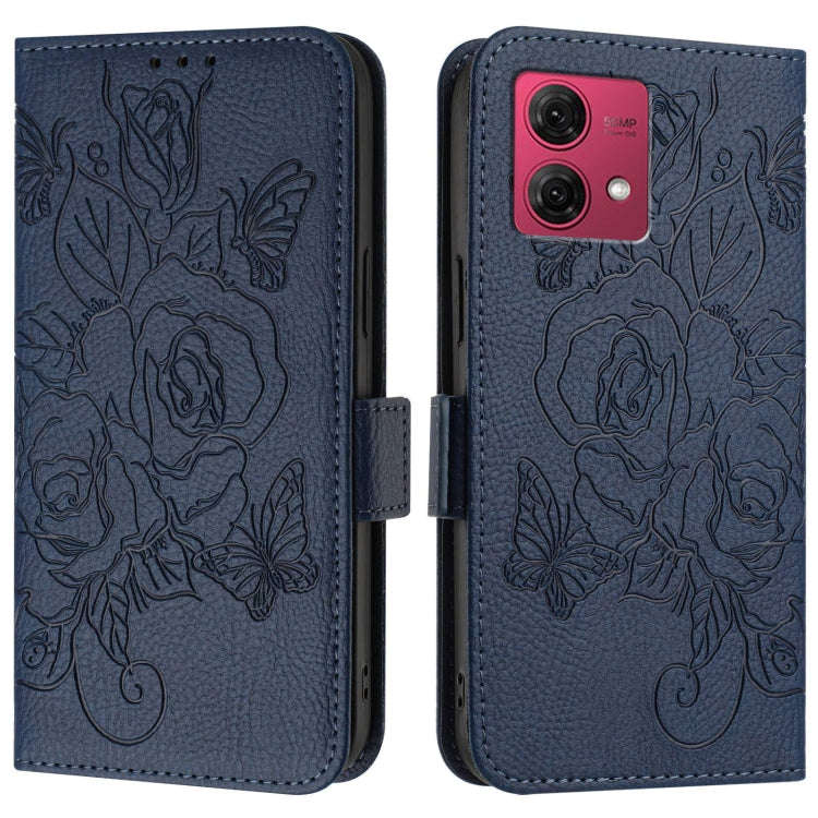 For Motorola Moto G84 5G Embossed Rose RFID Anti-theft Leather Phone Case(Dark Blue)