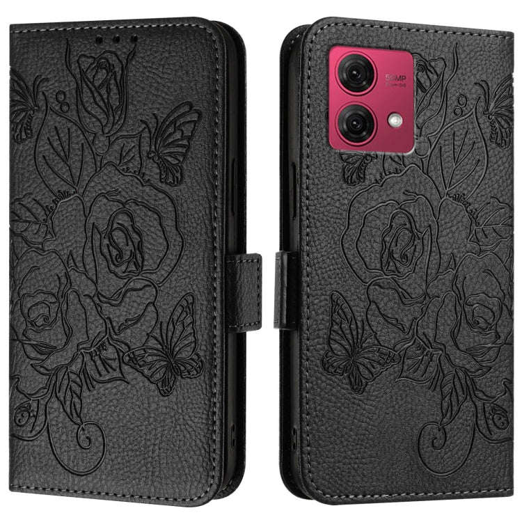 For Motorola Moto G84 5G Embossed Rose RFID Anti-theft Leather Phone Case(Black)