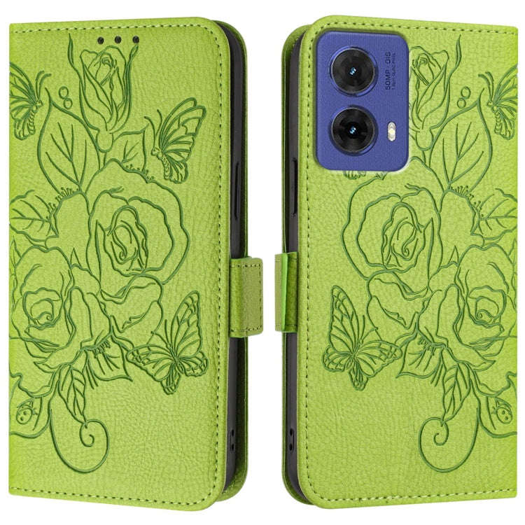 For Motorola Moto G85 5G Embossed Rose RFID Anti-theft Leather Phone Case(Green)