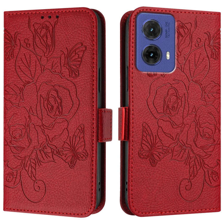 For Motorola Moto G85 5G Embossed Rose RFID Anti-theft Leather Phone Case(Red)