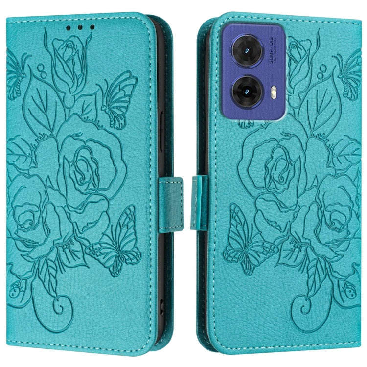 For Motorola Moto G85 5G Embossed Rose RFID Anti-theft Leather Phone Case(Light Blue)