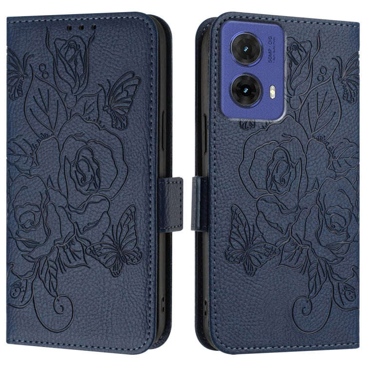 For Motorola Moto G85 5G Embossed Rose RFID Anti-theft Leather Phone Case(Dark Blue)