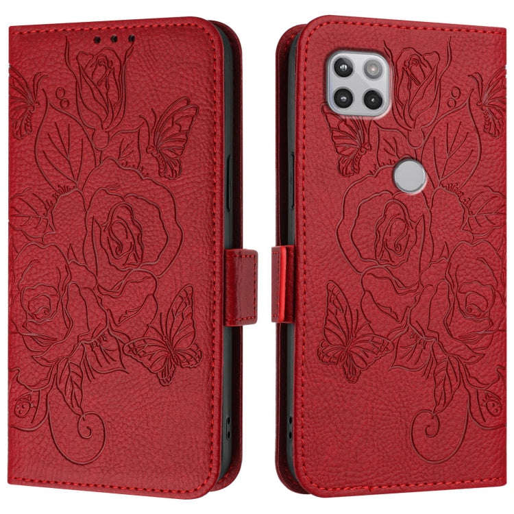 For Motorola Moto One 5G / G 5G 2020 Embossed Rose RFID Anti-theft Leather Phone Case(Red)