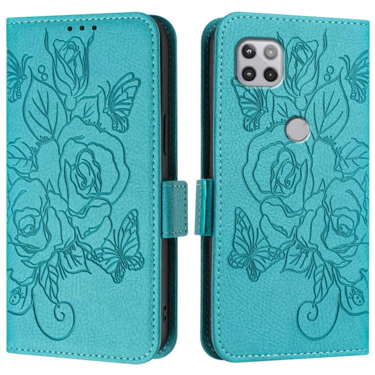 For Motorola Moto One 5G / G 5G 2020 Embossed Rose RFID Anti-theft Leather Phone Case(Light Blue)