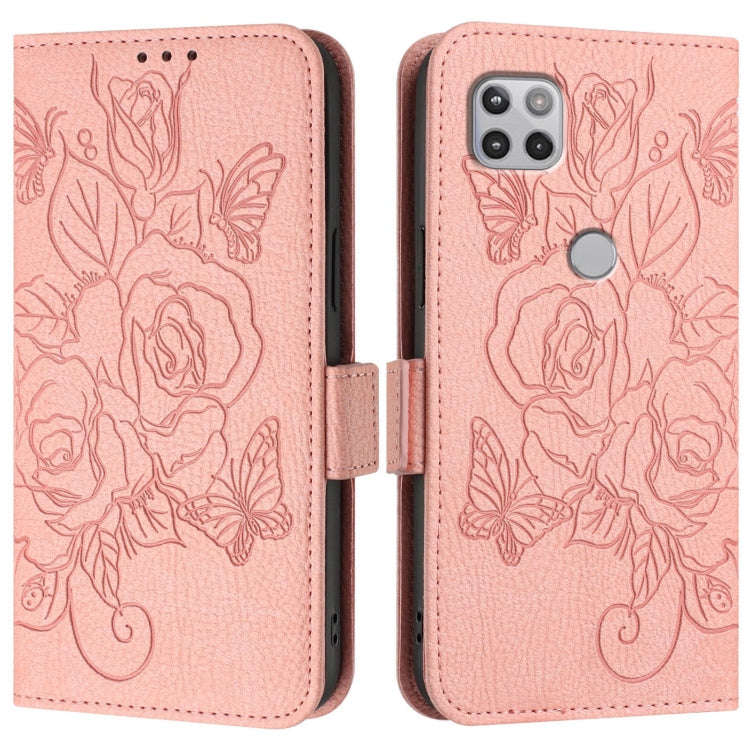 For Motorola Moto One 5G / G 5G 2020 Embossed Rose RFID Anti-theft Leather Phone Case(Pink)
