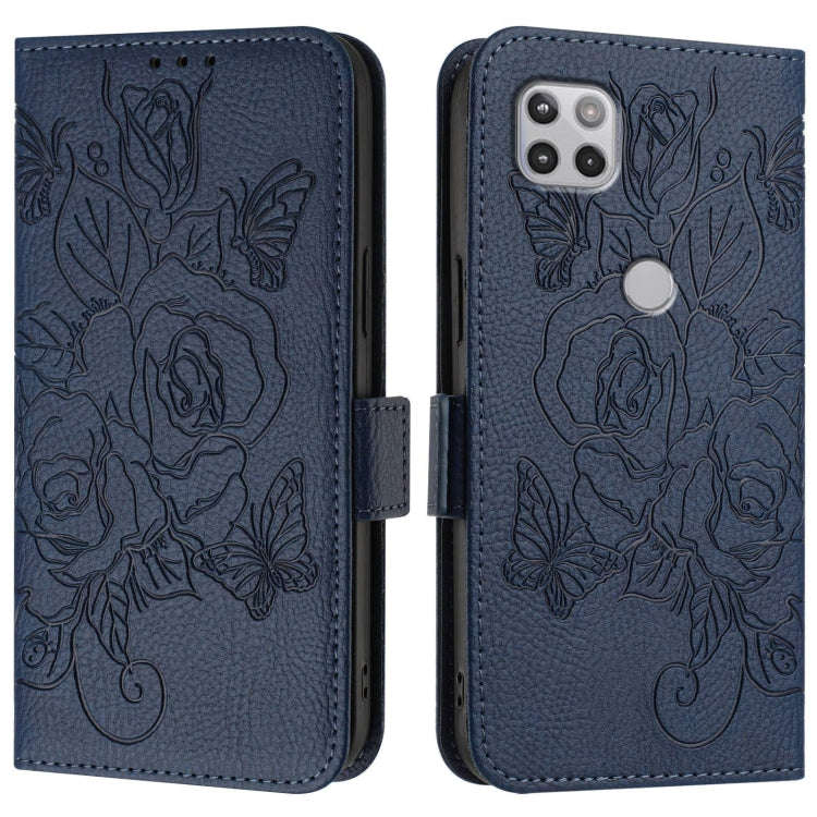 For Motorola Moto One 5G / G 5G 2020 Embossed Rose RFID Anti-theft Leather Phone Case(Dark Blue)