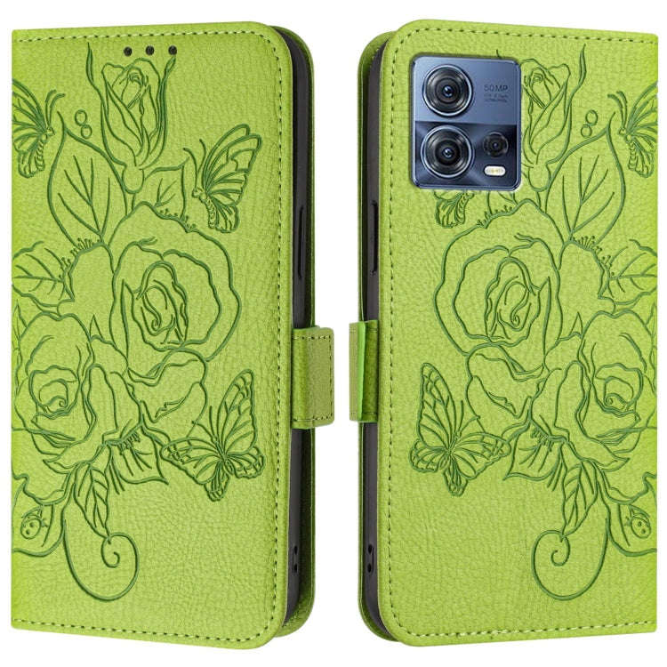 For Motorola Edge 30 Fusion Embossed Rose RFID Anti-theft Leather Phone Case(Green)