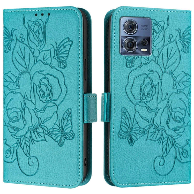 For Motorola Edge 30 Fusion Embossed Rose RFID Anti-theft Leather Phone Case(Light Blue)