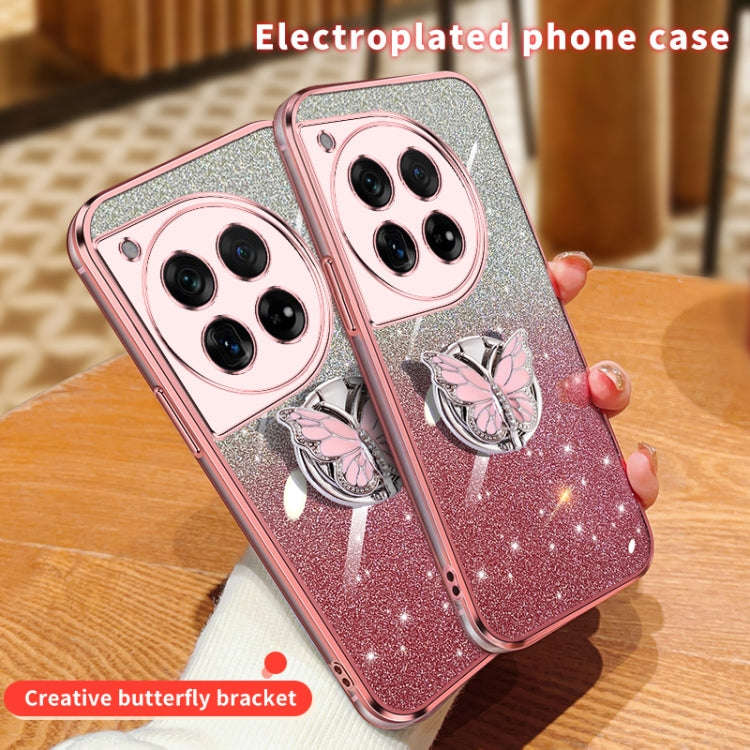 For OnePlus 12 Plated Gradient Glitter Butterfly Holder TPU Phone Case(Pink)