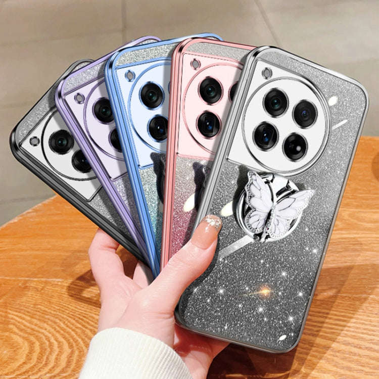 For OnePlus 12 Plated Gradient Glitter Butterfly Holder TPU Phone Case(Silver)