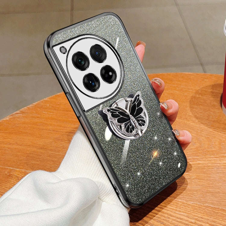 For OnePlus 12 Plated Gradient Glitter Butterfly Holder TPU Phone Case(Black)
