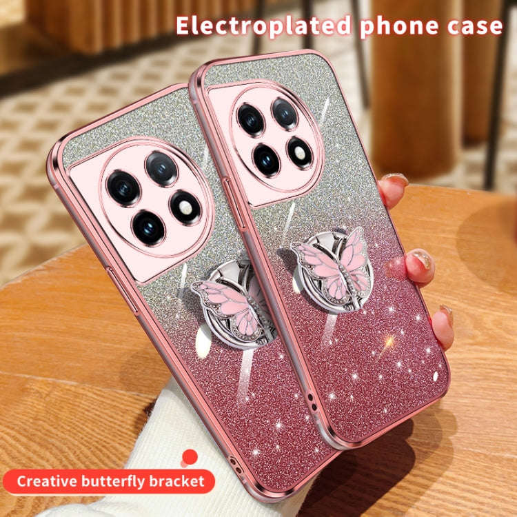 For OnePlus 11 Plated Gradient Glitter Butterfly Holder TPU Phone Case(Pink)