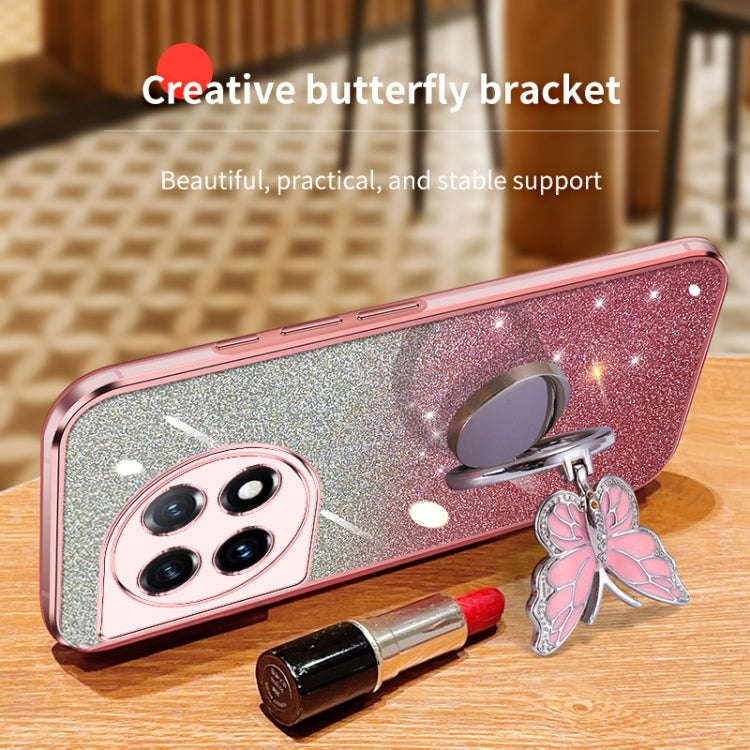 For OnePlus 11 Plated Gradient Glitter Butterfly Holder TPU Phone Case(Pink)