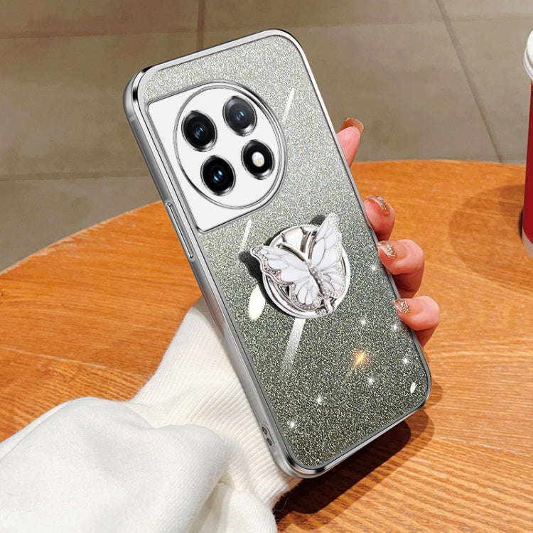 For OnePlus 11 Plated Gradient Glitter Butterfly Holder TPU Phone Case(Silver)