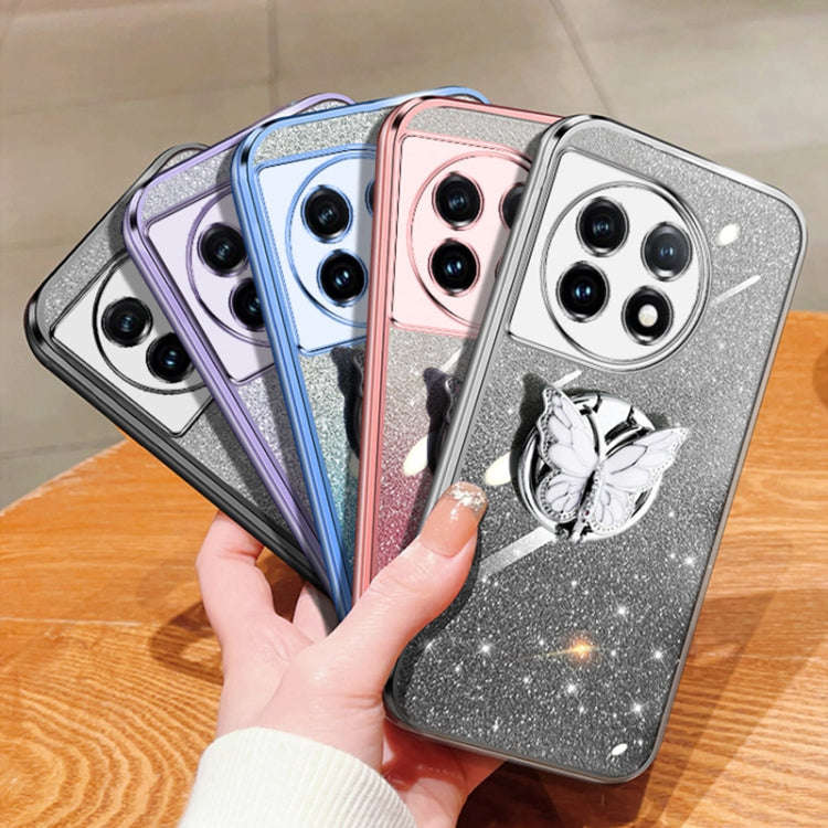 For OnePlus 11 Plated Gradient Glitter Butterfly Holder TPU Phone Case(Black)