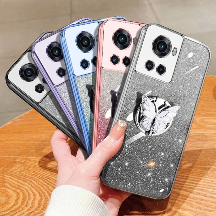 For OnePlus Ace Plated Gradient Glitter Butterfly Holder TPU Phone Case(Silver)