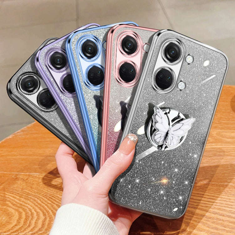 For OnePlus Ace 2V Plated Gradient Glitter Butterfly Holder TPU Phone Case(Silver)