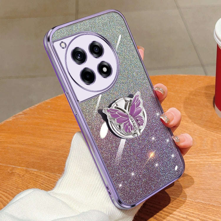 For OnePlus Ace 3 Plated Gradient Glitter Butterfly Holder TPU Phone Case(Purple)