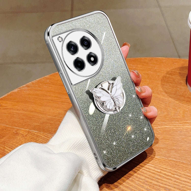 For OnePlus Ace 3 Plated Gradient Glitter Butterfly Holder TPU Phone Case(Silver)
