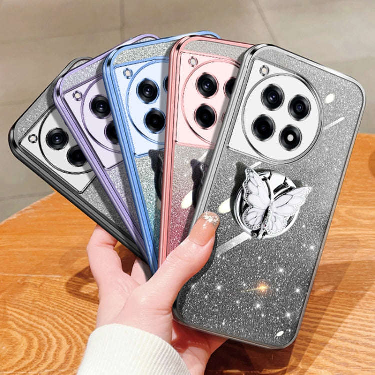 For OnePlus Ace 3 Plated Gradient Glitter Butterfly Holder TPU Phone Case(Silver)