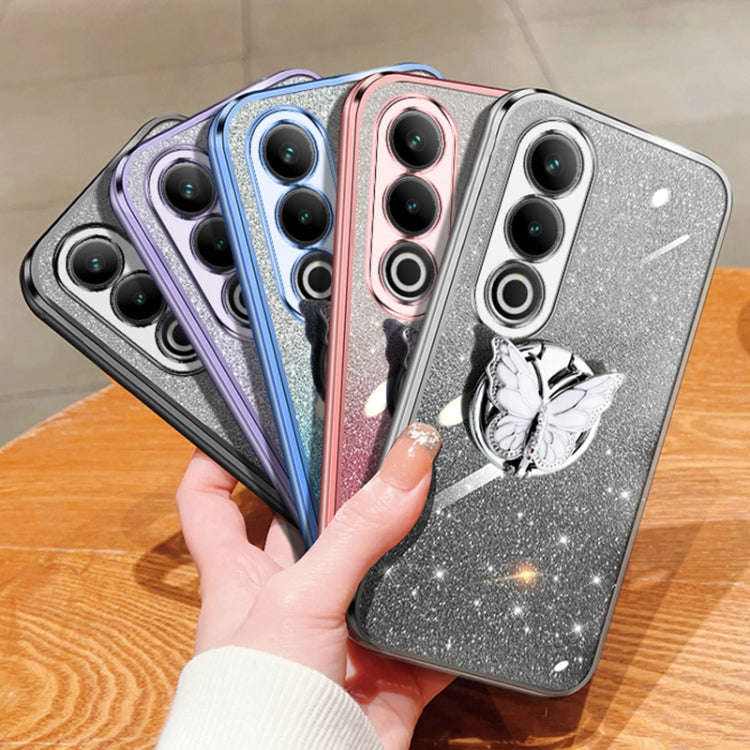 For OnePlus Ace 3V Plated Gradient Glitter Butterfly Holder TPU Phone Case(Silver)