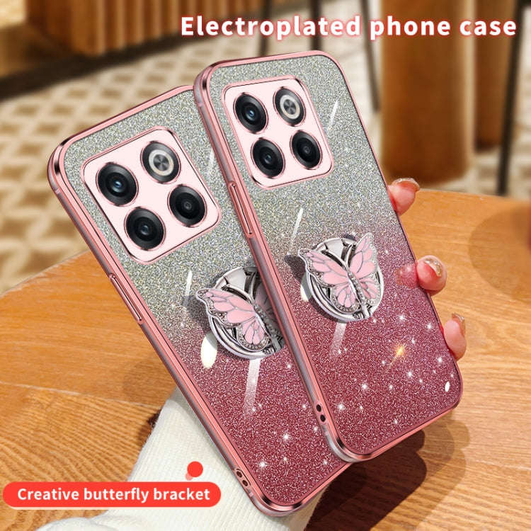 For OnePlus Ace Pro Plated Gradient Glitter Butterfly Holder TPU Phone Case(Pink)