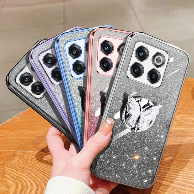 For OnePlus Ace Pro Plated Gradient Glitter Butterfly Holder TPU Phone Case(Black)