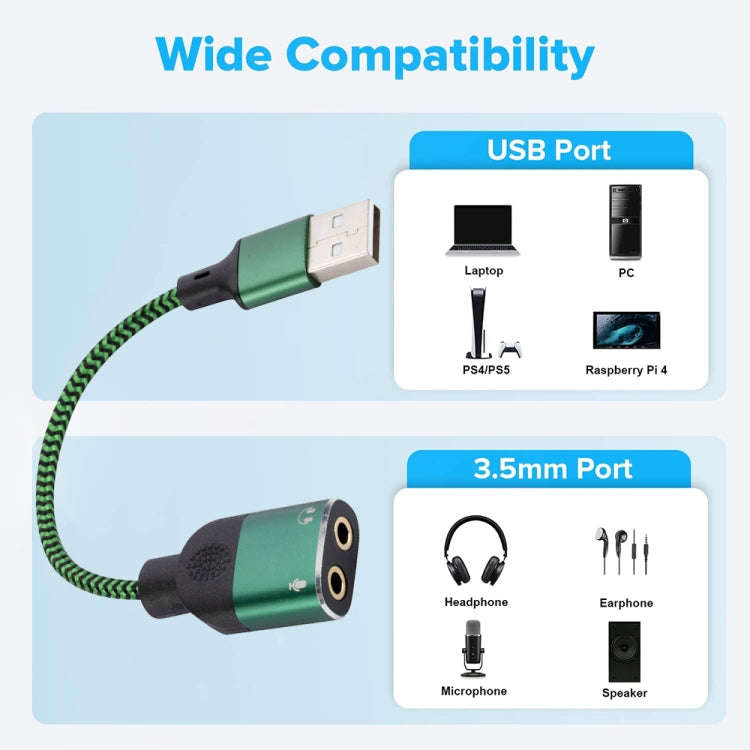 USB-A to Dual 3.5mm Integrated Style Audio Adapter Cable, Length:1m(Green)