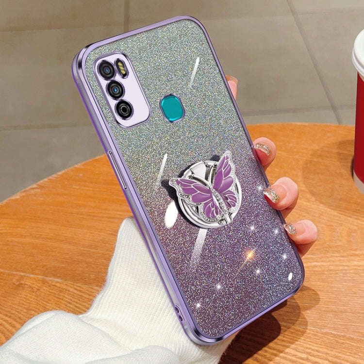 For Infinix Hot 9 Play Plated Gradient Glitter Butterfly Holder TPU Phone Case(Purple)