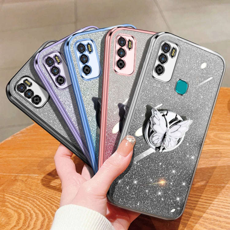 For Infinix Hot 9 Play Plated Gradient Glitter Butterfly Holder TPU Phone Case(Purple)