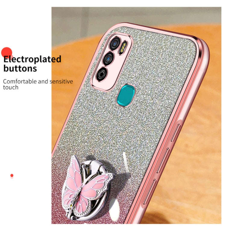For Infinix Hot 9 Play Plated Gradient Glitter Butterfly Holder TPU Phone Case(Purple)