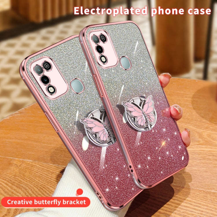 For Infinix Hot 10 Play Plated Gradient Glitter Butterfly Holder TPU Phone Case(Pink)