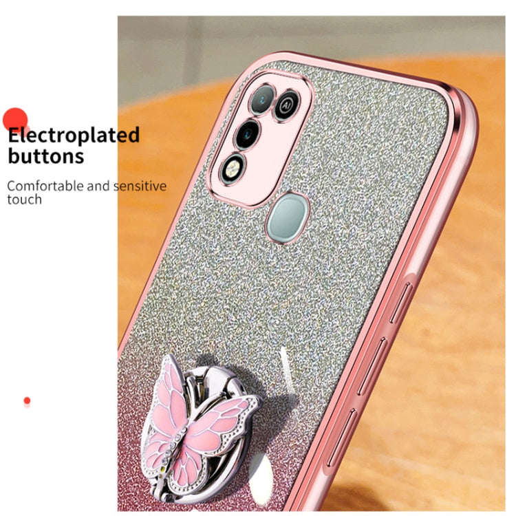 For Infinix Hot 10 Play Plated Gradient Glitter Butterfly Holder TPU Phone Case(Pink)