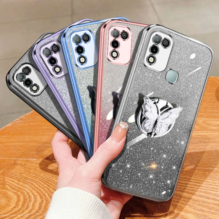 For Infinix Hot 10 Play Plated Gradient Glitter Butterfly Holder TPU Phone Case(Black)