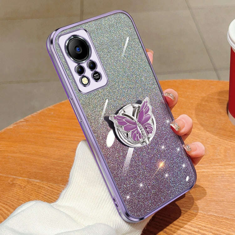 For Infinix Hot 11s NFC Plated Gradient Glitter Butterfly Holder TPU Phone Case(Purple)