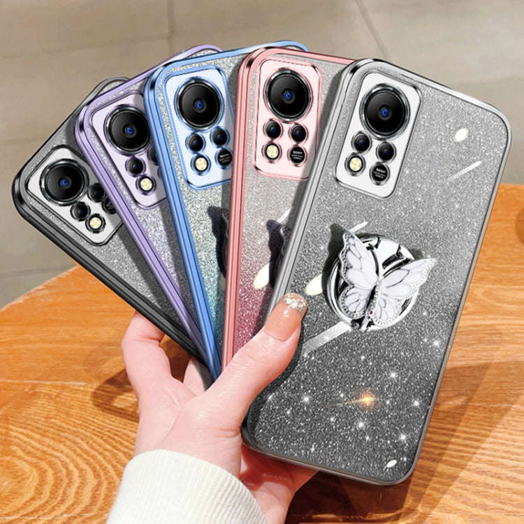 For Infinix Hot 11s NFC Plated Gradient Glitter Butterfly Holder TPU Phone Case(Silver)