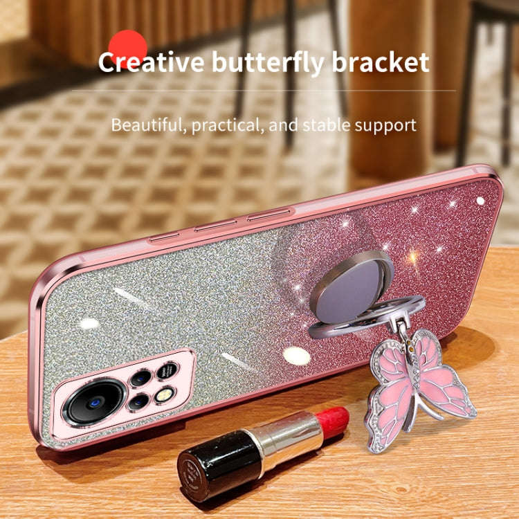 For Infinix Hot 11s NFC Plated Gradient Glitter Butterfly Holder TPU Phone Case(Black)