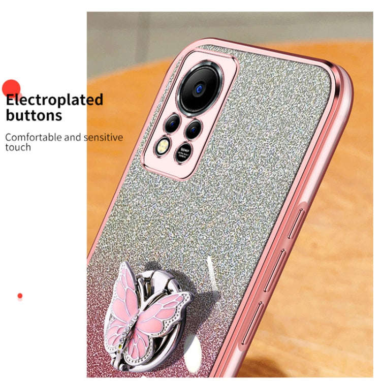 For Infinix Hot 11s NFC Plated Gradient Glitter Butterfly Holder TPU Phone Case(Black)