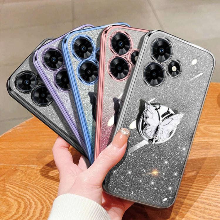 For Infinix Hot 30 Plated Gradient Glitter Butterfly Holder TPU Phone Case(Black)