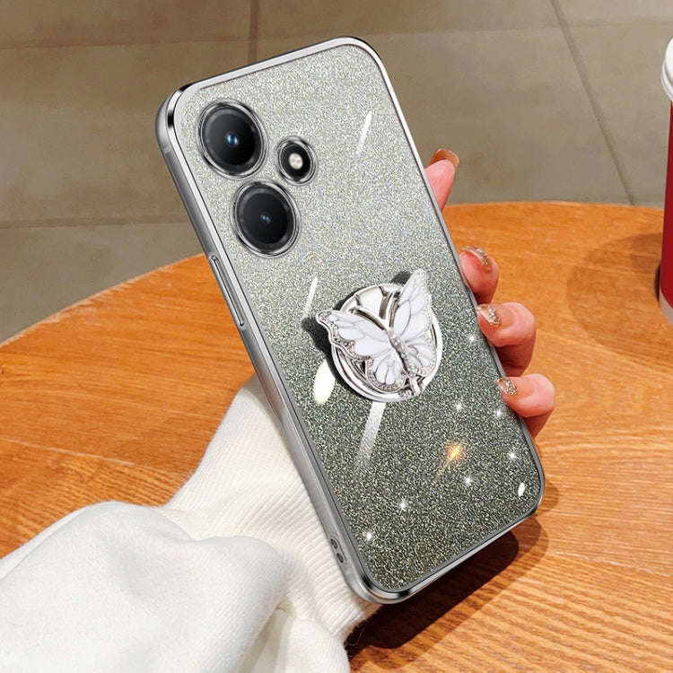 For Infinix Hot 30i Plated Gradient Glitter Butterfly Holder TPU Phone Case(Silver)
