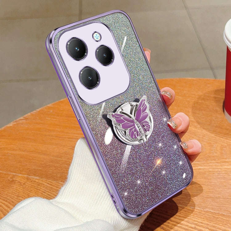 For Infinix Hot 40 Plated Gradient Glitter Butterfly Holder TPU Phone Case(Purple)