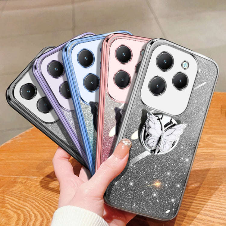 For Infinix Hot 40 Plated Gradient Glitter Butterfly Holder TPU Phone Case(Silver)