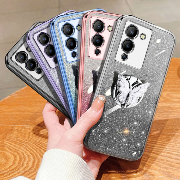 For Infinix Note 12 G96 Plated Gradient Glitter Butterfly Holder TPU Phone Case(Black)