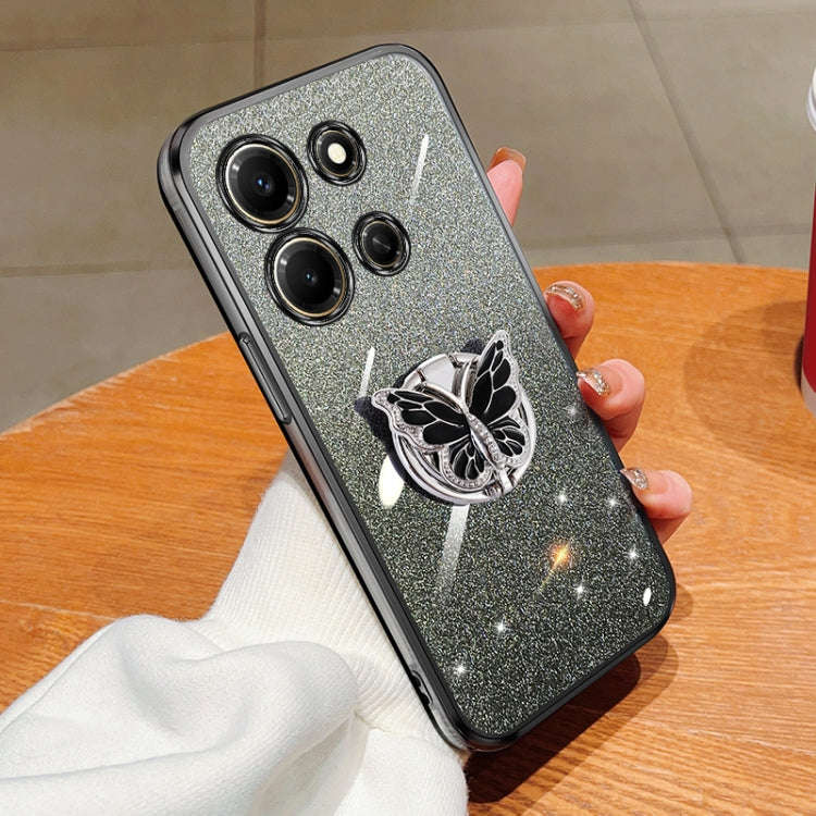 For Infinix Note 30i Plated Gradient Glitter Butterfly Holder TPU Phone Case(Black)