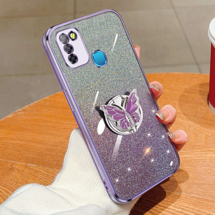 For Infinix Smart 5 Plated Gradient Glitter Butterfly Holder TPU Phone Case(Purple)