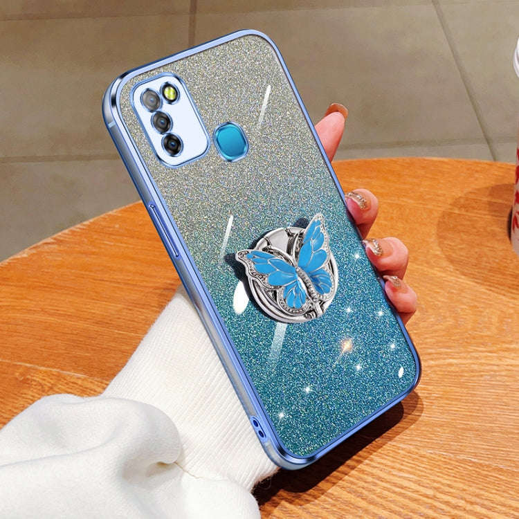 For Infinix Smart 5 Plated Gradient Glitter Butterfly Holder TPU Phone Case(Sierra Blue)
