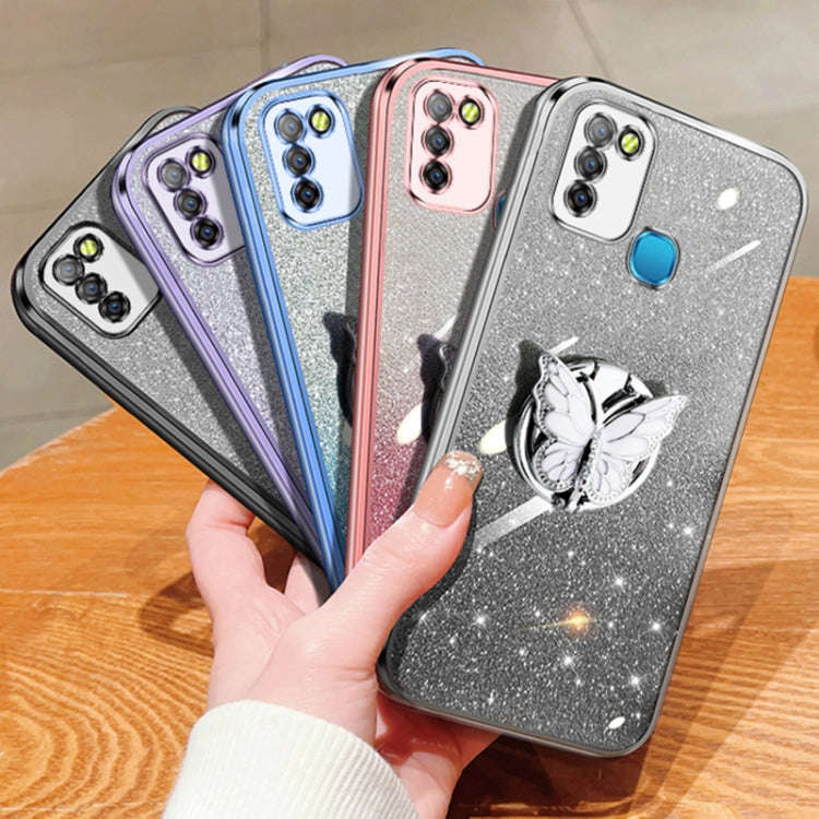 For Infinix Smart 5 Plated Gradient Glitter Butterfly Holder TPU Phone Case(Black)