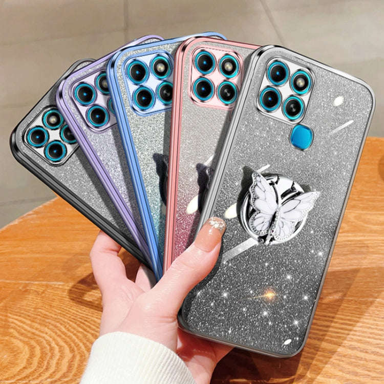 For Infinix Smart 6 Plated Gradient Glitter Butterfly Holder TPU Phone Case(Sierra Blue)