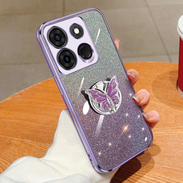 For Infinix Smart 7 Plated Gradient Glitter Butterfly Holder TPU Phone Case(Purple)