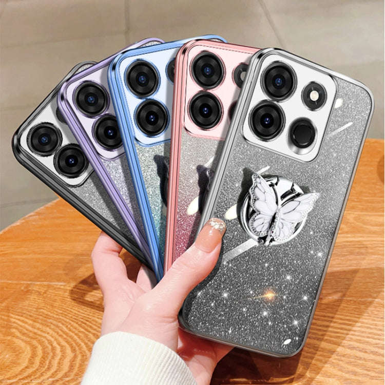For Infinix Smart 7 Plated Gradient Glitter Butterfly Holder TPU Phone Case(Black)